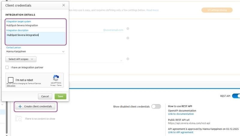 Create Severa REST API credentials