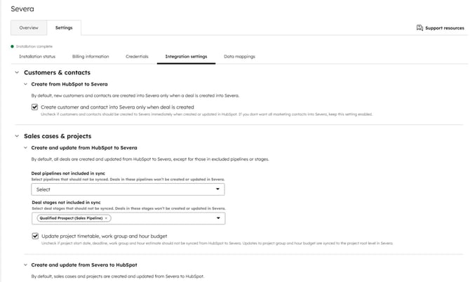 Integration settings