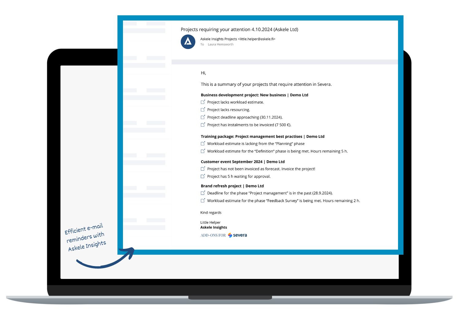 Efficient e-mail reminders for Severa with Askele Insights Projects