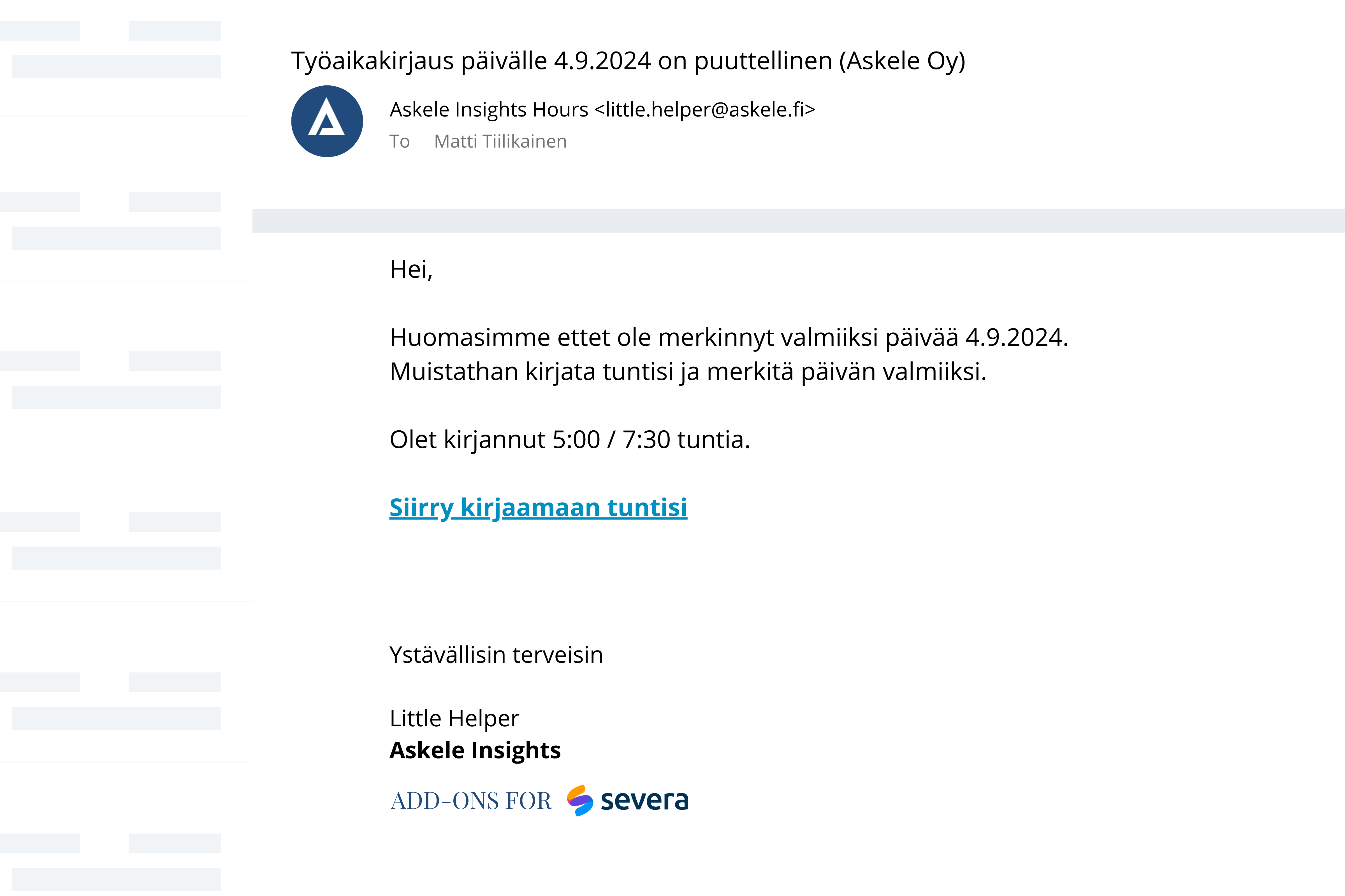 Askele Insights Hours muistuttaa, kun edellisen päivän tunnit on jäänyt kirjaamatta